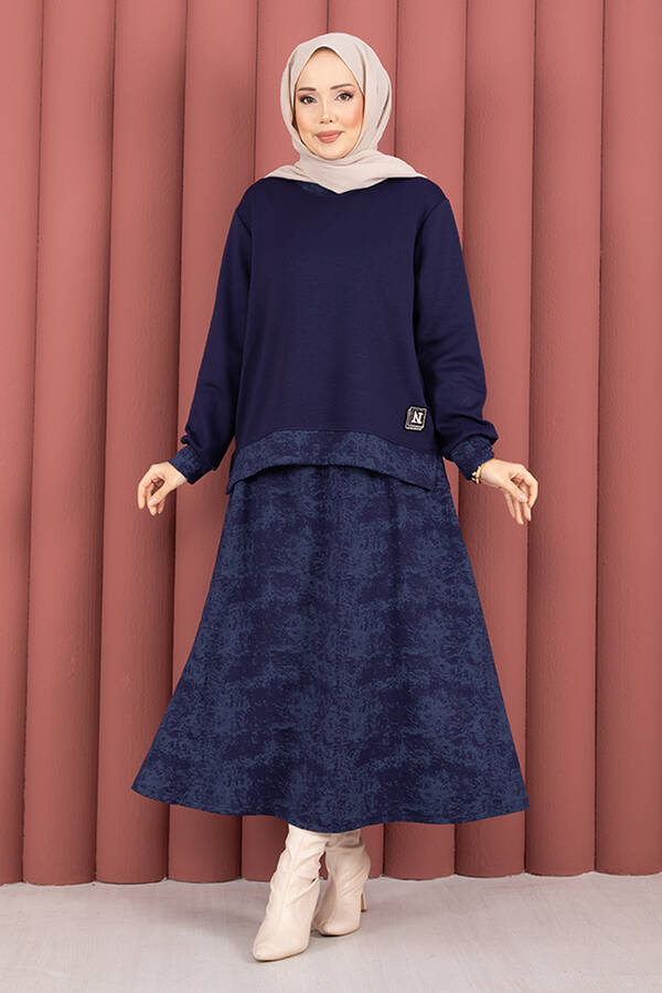 Nz - Modern Desen Garnili Tesettür Etekli Takım Lacivert