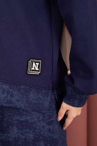 Modern Desen Garnili Tesettür Etekli Takım Lacivert - Thumbnail