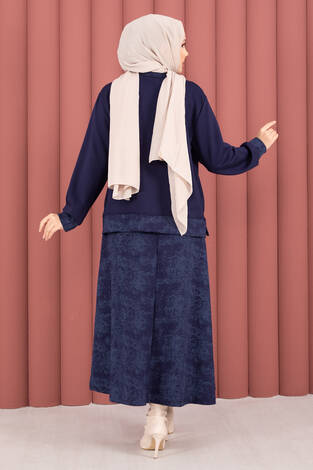 Modern Desen Garnili Tesettür Etekli Takım Lacivert - Thumbnail