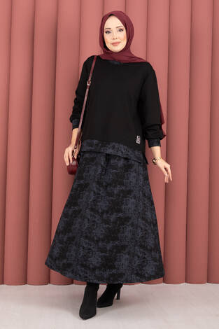 Modern Desen Garnili Tesettür Etekli Takım Siyah - Thumbnail