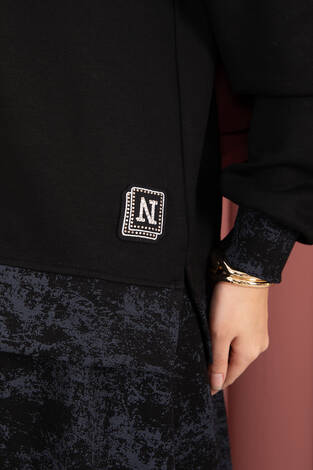 Modern Desen Garnili Tesettür Etekli Takım Siyah - Thumbnail