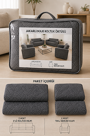 Modern Dörtlü Koltuk Örtüsü Takımı Antrasit (1)