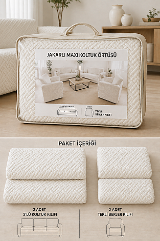 Modern Dörtlü Koltuk Örtüsü Takımı Ekru (1)