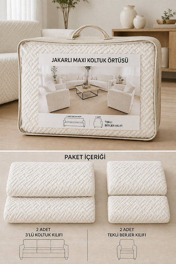 Modern Dörtlü Koltuk Örtüsü Takımı Ekru - 2