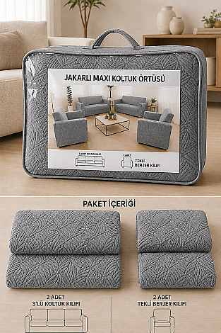 Modern Dörtlü Koltuk Örtüsü Takımı Gri (1)