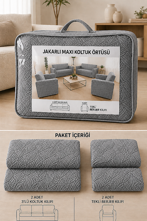 Modern Dörtlü Koltuk Örtüsü Takımı Gri - 2