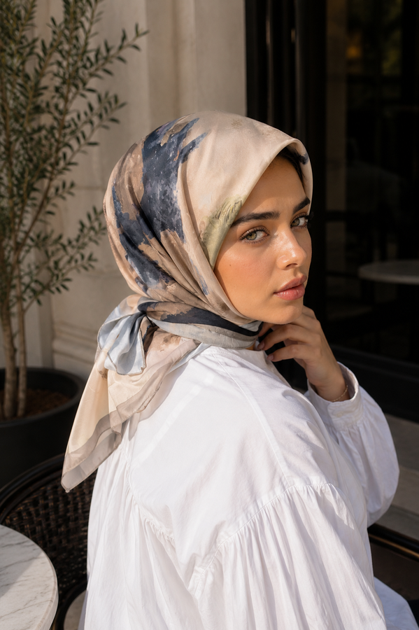Eyş - Modern Floral Desen Eşarp Serisi Vizon