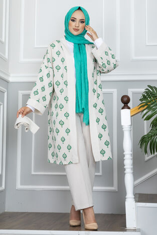 Modica Keten Tesettür Kimono Takım Yeşil - Thumbnail