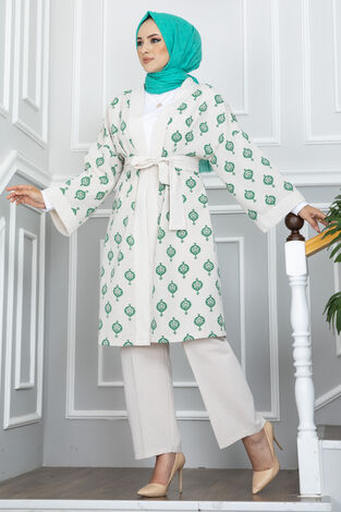 Modica Keten Tesettür Kimono Takım Yeşil - Thumbnail