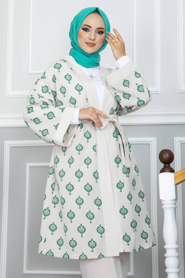 Modica Keten Tesettür Kimono Takım Yeşil