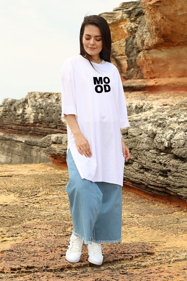  - Mood Baskılı T-shirt 2653-2 Beyaz