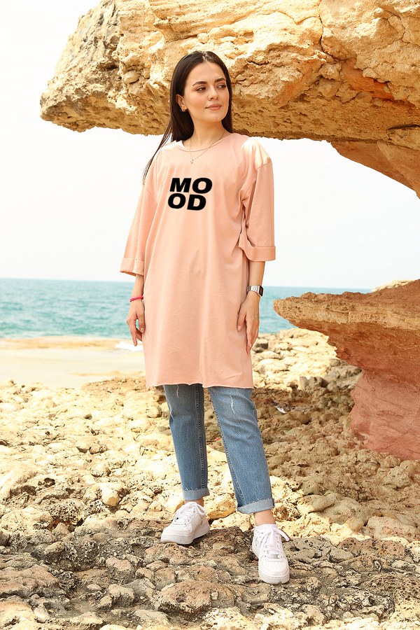  - Mood Baskılı T-shirt 2653-7 Pudra