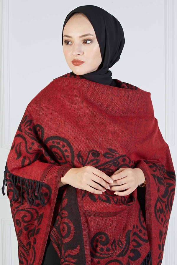  - Motifli Kırmızı Panço 190E2181 Kırmızı (1)