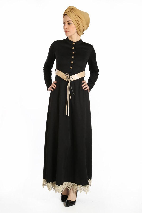 Kemerli Güpür Detaylı Elbise 1683-01
