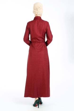 Nakış Detaylı Elbise 20105-03 bordo - Thumbnail