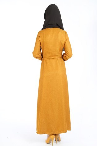 Nakış Detaylı Elbise 20105-10 sarı - Thumbnail