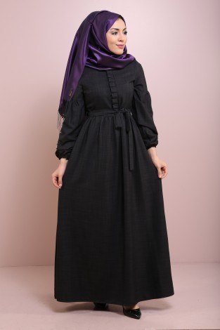 Nakış ve İnci Taş Detaylı Elbise 9140-3 Siyah - Thumbnail