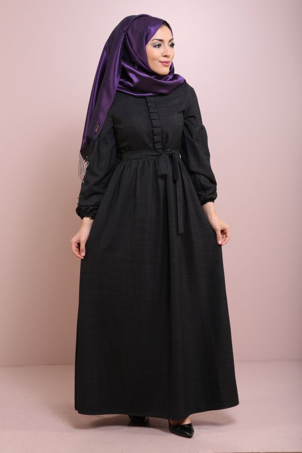 Nakış ve İnci Taş Detaylı Elbise 9140-3 Siyah
