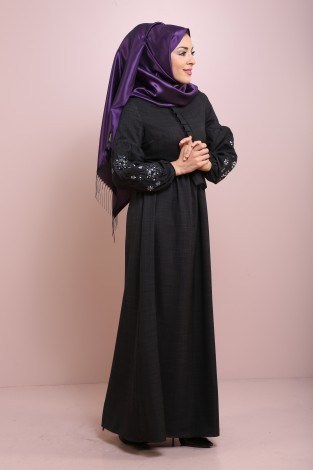 Nakış ve İnci Taş Detaylı Elbise 9140-3 Siyah - Thumbnail