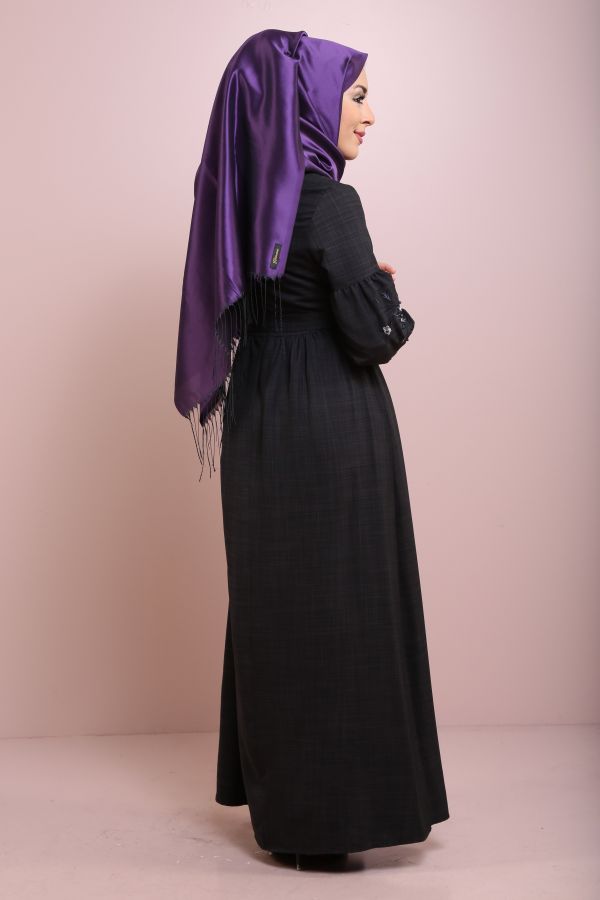 Nakış ve İnci Taş Detaylı Elbise 9140-3 Siyah