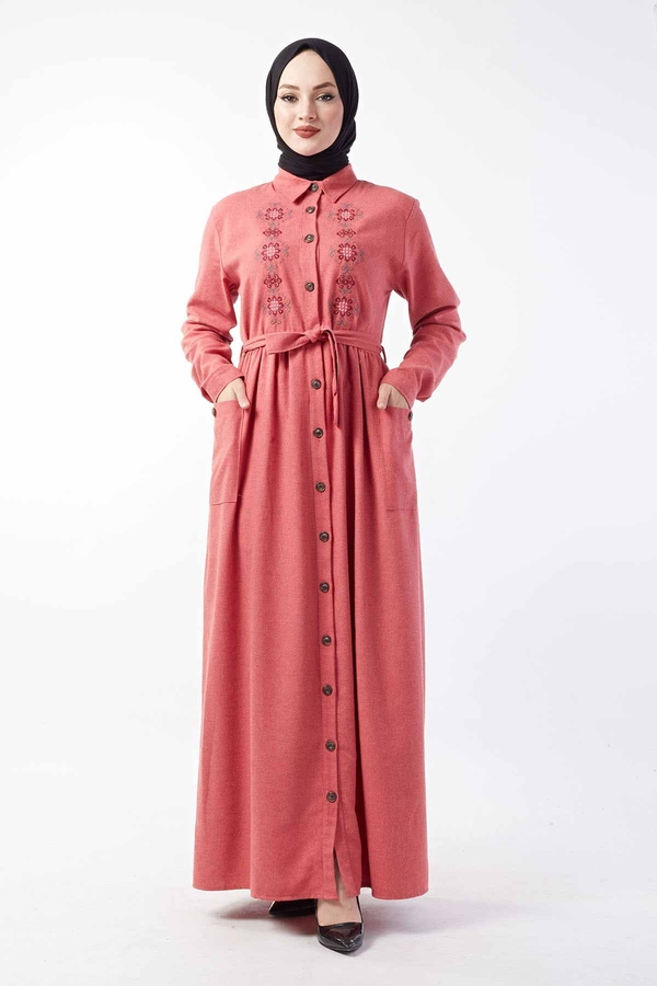 Nakışlı Boydan Düğmeli Elbise 490FC9015 Gülkurusu