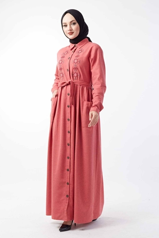 Nakışlı Boydan Düğmeli Elbise 490FC9015 Gülkurusu - Thumbnail