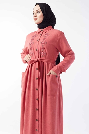 Nakışlı Boydan Düğmeli Elbise 490FC9015 Gülkurusu - Thumbnail