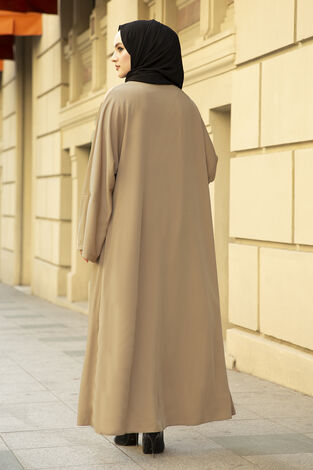 Nakışlı Taş Detaylı Tesettür Abaya Elbise 170ASH-11455 Bej - Thumbnail