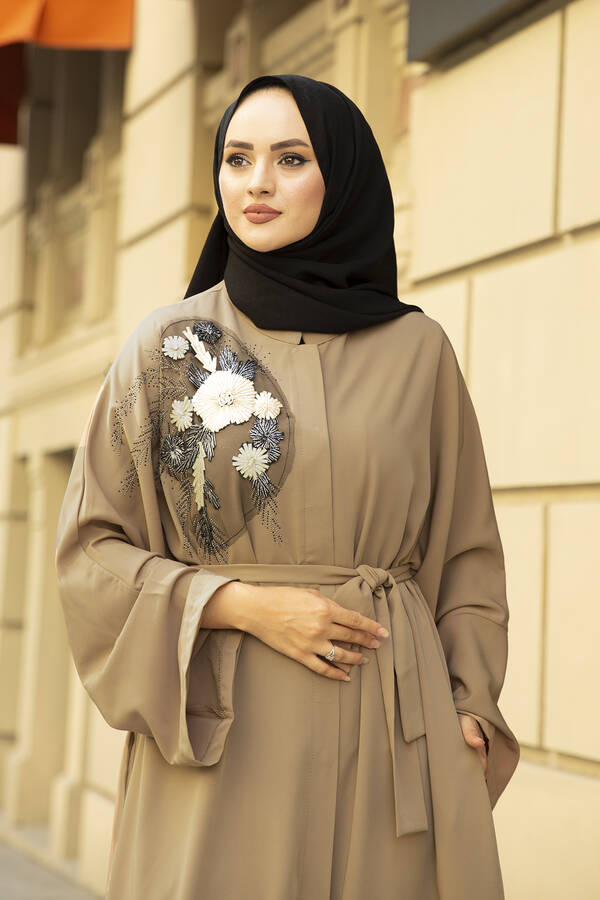 Nakışlı Taş Detaylı Tesettür Abaya Elbise 170ASH-11455 Bej