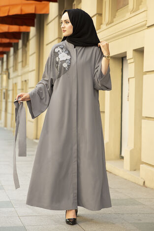 Nakışlı Taş Detaylı Tesettür Abaya Elbise 170ASH-11455 Gri - Thumbnail