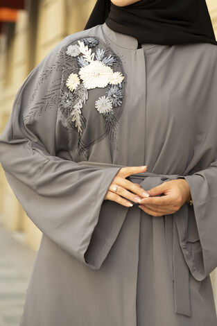 Nakışlı Taş Detaylı Tesettür Abaya Elbise 170ASH-11455 Gri - Thumbnail