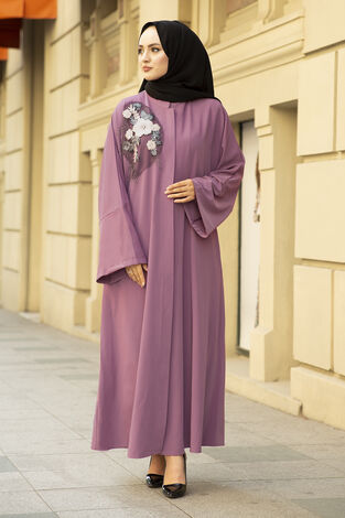 Nakışlı Taş Detaylı Tesettür Abaya Elbise 170ASH-11455 Gülkurusu - Thumbnail