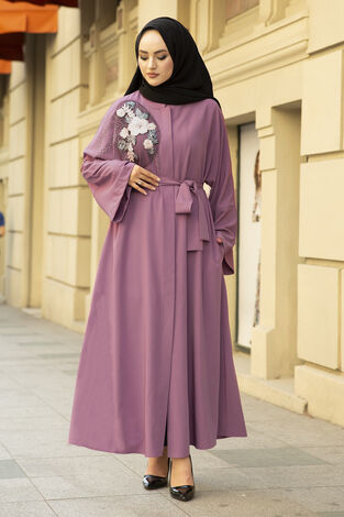 Nakışlı Taş Detaylı Tesettür Abaya Elbise 170ASH-11455 Gülkurusu - Thumbnail
