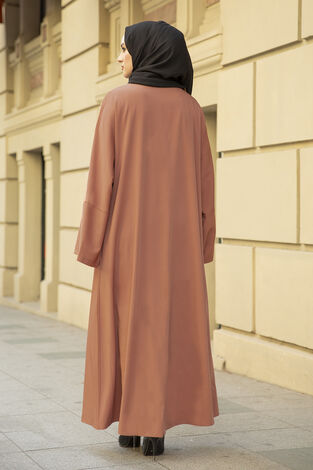 Nakışlı Taş Detaylı Tesettür Abaya Elbise 170ASH-11455 Şeftali - Thumbnail