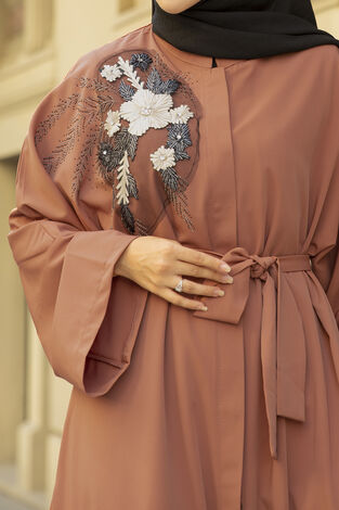 Nakışlı Taş Detaylı Tesettür Abaya Elbise 170ASH-11455 Şeftali - Thumbnail