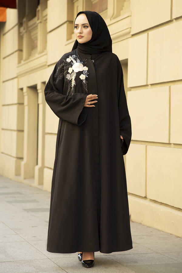 Nakışlı Taş Detaylı Abaya Elbise 170ASH-11455 Siyah