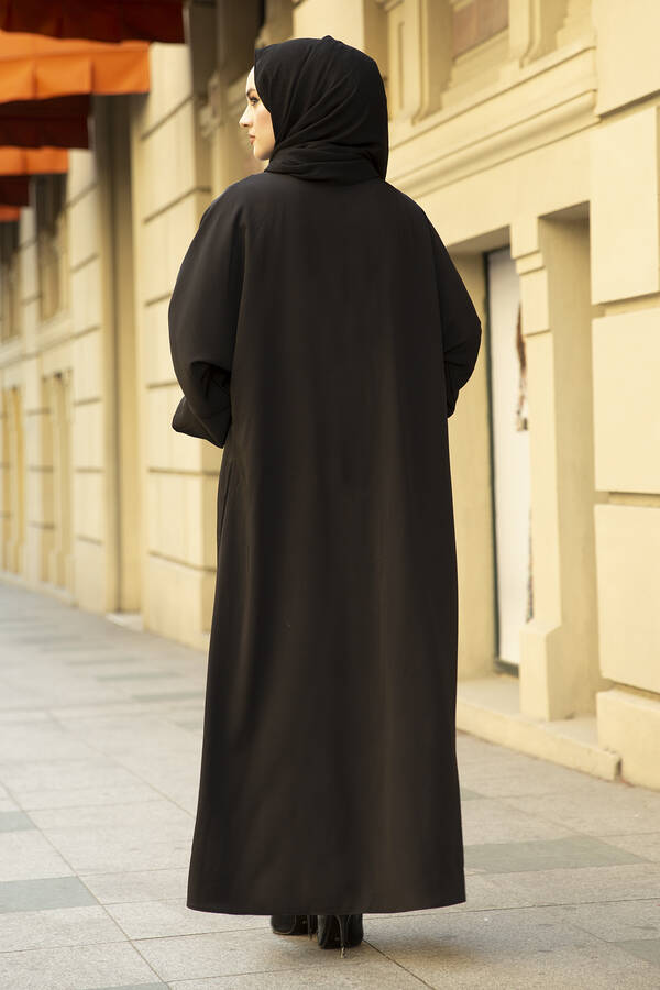 Nakışlı Taş Detaylı Abaya Elbise 170ASH-11455 Siyah