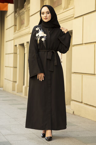 Nakışlı Taş Detaylı Abaya Elbise 170ASH-11455 Siyah - Thumbnail