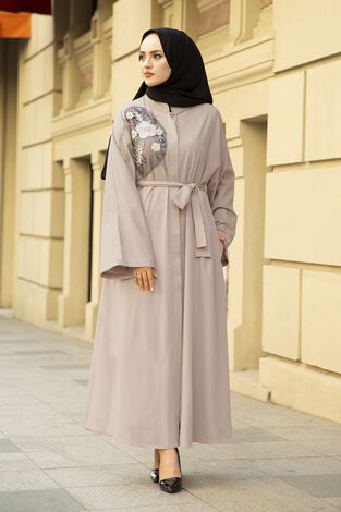 Nakışlı Taş Detaylı Tesettür Abaya Elbise 170ASH-11455 Vizon - Thumbnail