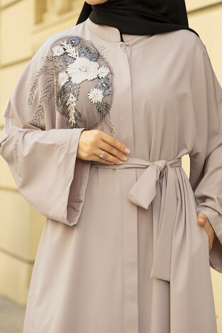 Nakışlı Taş Detaylı Tesettür Abaya Elbise 170ASH-11455 Vizon - Thumbnail