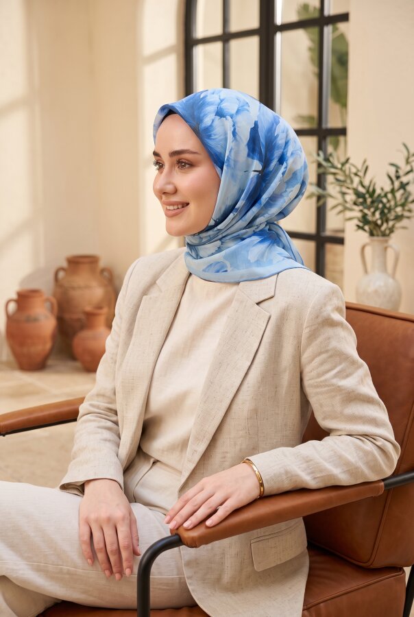 Eyş - Natural Çiçek Desen Eşarp Serisi Bebe Mavisi