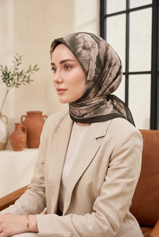 Eyş - Natural Çiçek Desen Eşarp Serisi Kahve
