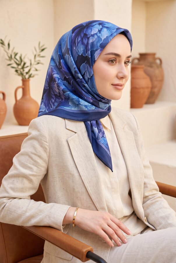 Eyş - Natural Çiçek Desen Eşarp Serisi Lacivert