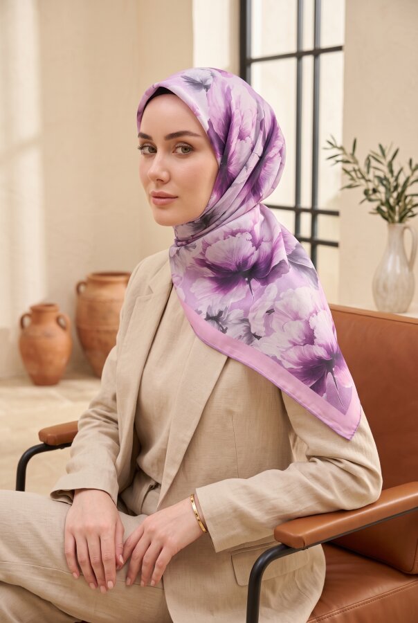 Eyş - Natural Çiçek Desen Eşarp Serisi Lila