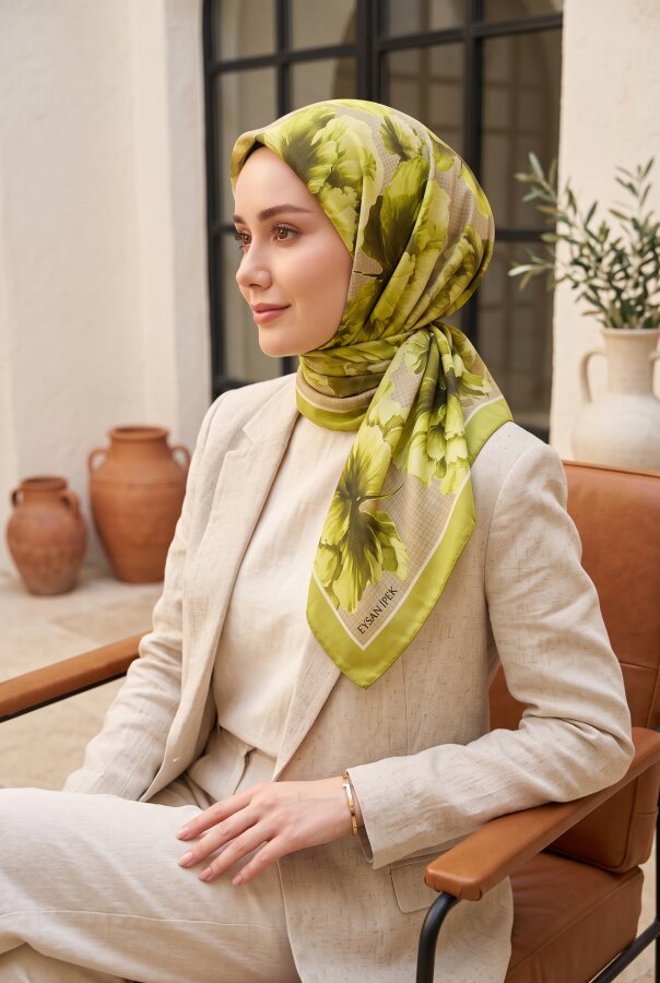 Eyş - Natural Çiçek Desen Eşarp Serisi Yeşil Olive
