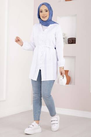 Nervür Detaylı Bağcıklı Gömlek Beyaz - Thumbnail