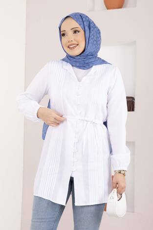 Nervür Detaylı Bağcıklı Gömlek Beyaz - Thumbnail