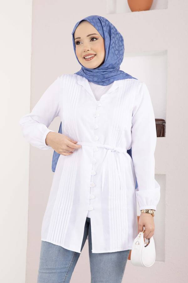 Asm - Nervür Detaylı Bağcıklı Gömlek Beyaz (1)