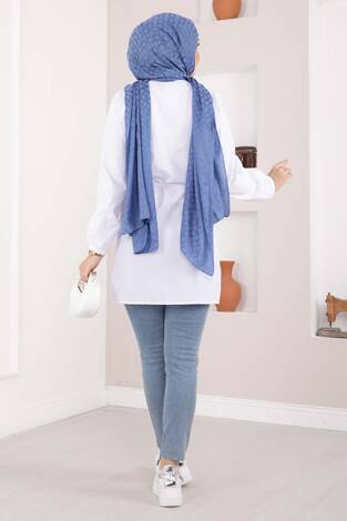 Nervür Detaylı Bağcıklı Gömlek Beyaz - Thumbnail