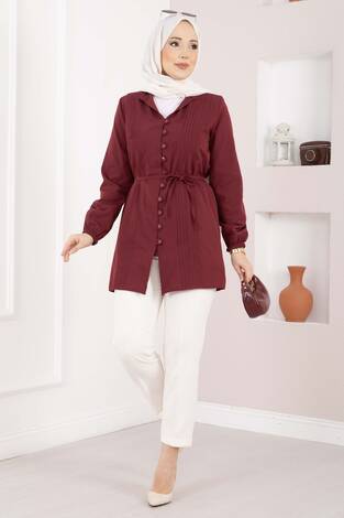 Nervür Detaylı Bağcıklı Gömlek Bordo - Thumbnail